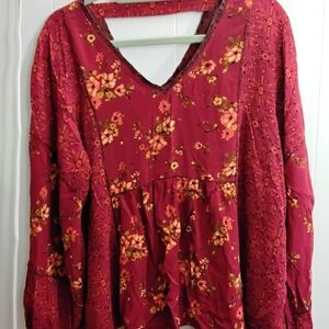 Maurices Floral Lace V-Neck Blouse - Burgundy